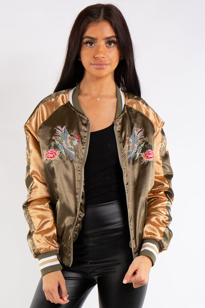 Khaki satin deals bomber jacket