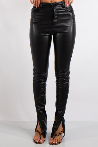 BLACK FAUX LEATHER SIDE SPLIT JEGGINGS