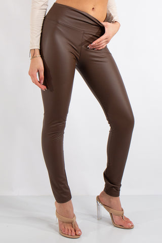 Chocolate Brown Faux Leather Seam Detail Leggings