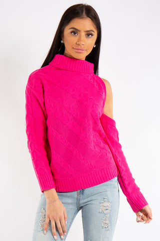  Elneeya Hot Pink Sweater for Women Turtleneck Cable