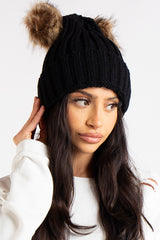 DOUBLE POM BEANIE - BLACK