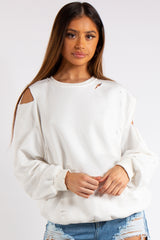 Annabel White Cold Shoulder Distressed Oversized Sweatshirt Miss Hussy